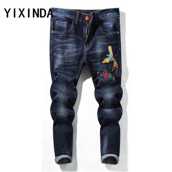 

yixinda men's classic jeans brand large size straight pantalon homme jean slim distressed design biker pants fit regular, Blue