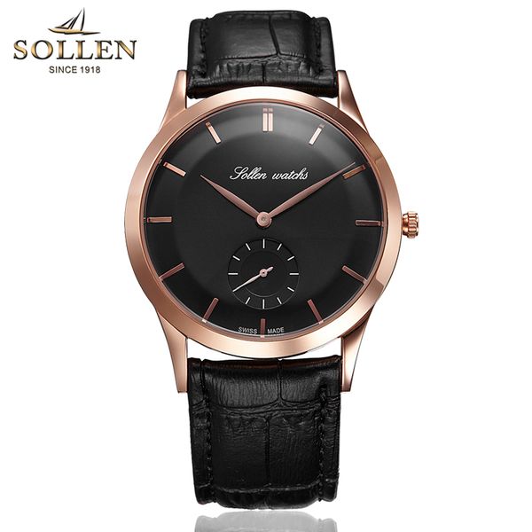 

sollen 9003 new listing high-end business men quartz sapphire mirror watch stainless steel leather independent second hand watch, Slivery;brown