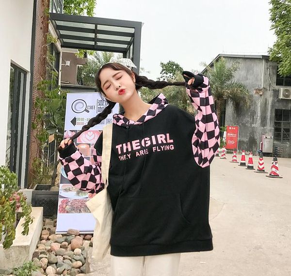 

autumn korean plaid patchwork loose women sweatshirts, Black