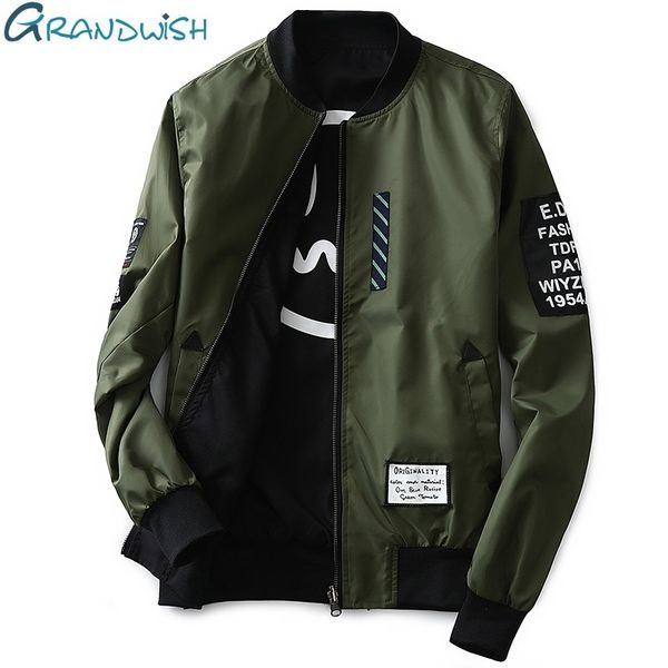 

Letter Grandwish Bomber Jacket Men Pilot with Patches Green Both Side Wear Thin Pilot Bomber Jacket Men Wind Breaker Jacket Men