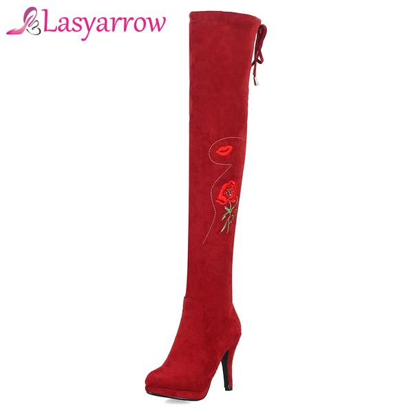

lasyarrow 2018 long boots women flock fashion party shoes thigh high boots elegant embroider high heels lace up platform, Black