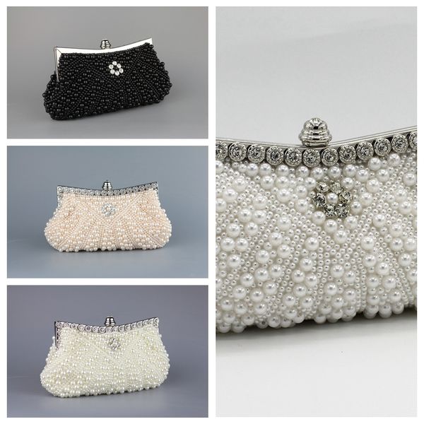 

sale full pearls crystal beaded bridal wedding hand bags evening party one shoulder small clutch dinner bags white ivory pink black