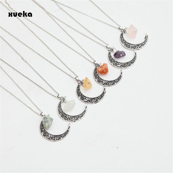 

new natural necklaces pendant vintage moon necklace irregular purple stone rose pendants crystals antique bronze chains jewelry, Black