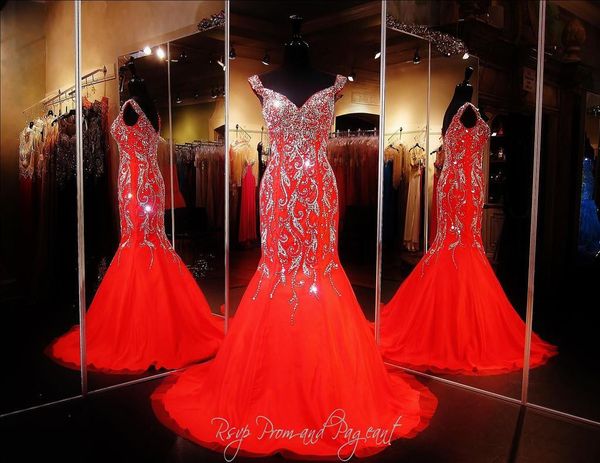 

2019 bling prom dresses wear crystal major beading long red chiffon cap sleeves mermaid sweep train formal evening party pageant gowns, Black