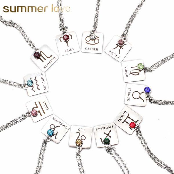 

new arrival sliver stainless steel 12 constellation necklace for women long square shape crystal 45+5cm chain necklace jewelry gift, Silver