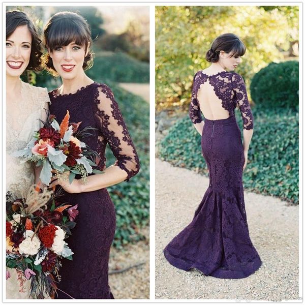 

2018 new lace mermaid evening dresses short sleeves eggplant backless floor length party prom evening dresses wed party gowns, Black;red
