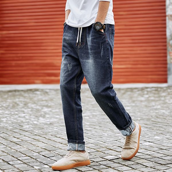 

plus size -6xl 7xl 8xl new fashion designer jeans men casual retro dark blue color printed mens jeans ripped high quality