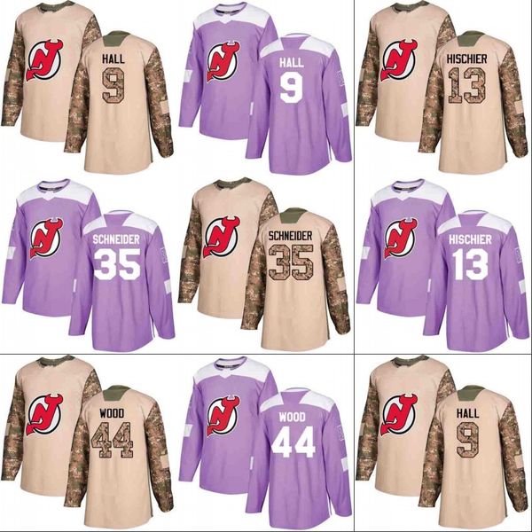 

New Jersey Devils Jersey Veterans Day Fights Cancer Practice 9 Taylor Hall 13 Nico Hischier 35 Cory Schneider 44 Miles Wood Hockey Jerseys