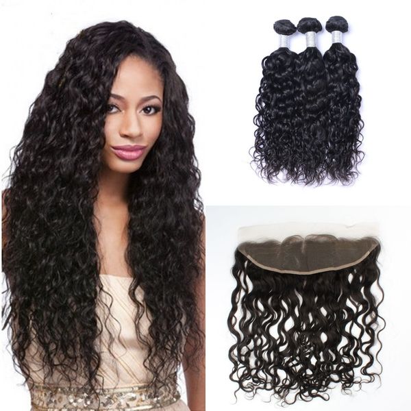 

волна воды связки с закрытием монгольской деве человеческих волос weave связки с уха до уха кружева фронтальная пин, Black;brown