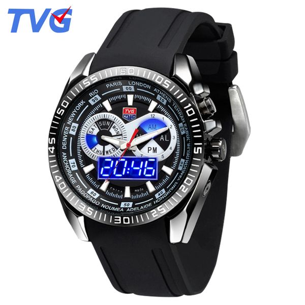 

tvg luxury sport watches digital watch man dual display japan quartz silicone watch strap date day week wrist, Slivery;brown