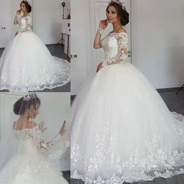 

custom long sleeves lace ball gown wedding dresses 2021 with appliques off the shoulder sweep train bridal gowns, White
