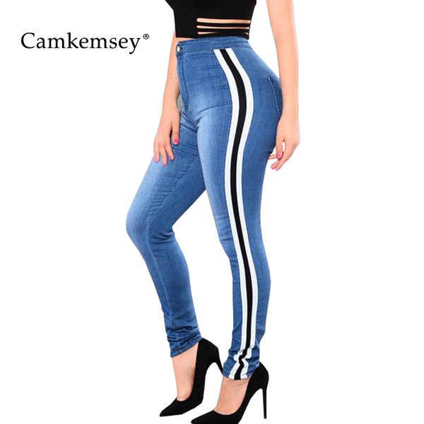 

camkemsey plus size s-3xl high waist jeans woman fashion side striped stretch skinny jeans female casual bodycon pants capris, Blue