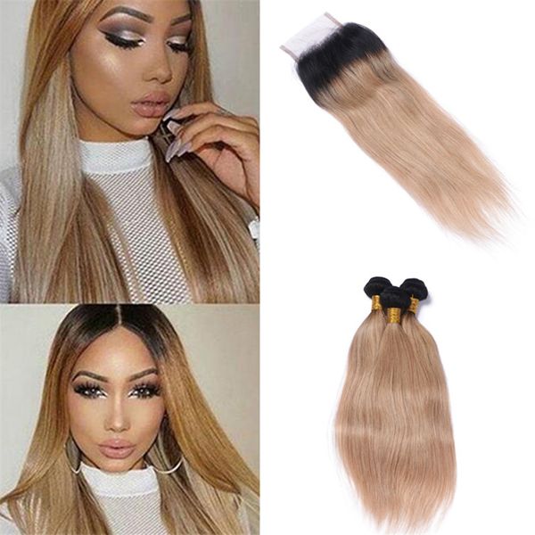 

part lace closure with ombre hair bundles 1b/27 honey blonde ombre indian straight human hair weaves with closure, Black;brown
