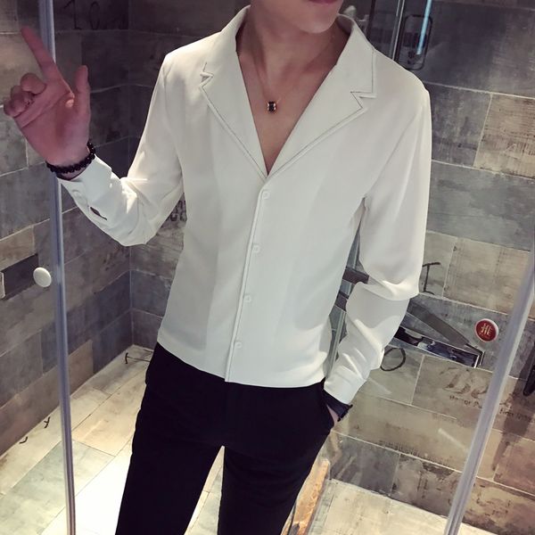 

2018 autumn new men's dress shirt slim long-sleeved v-neck fashion black white temperament british style social business leisure, White;black