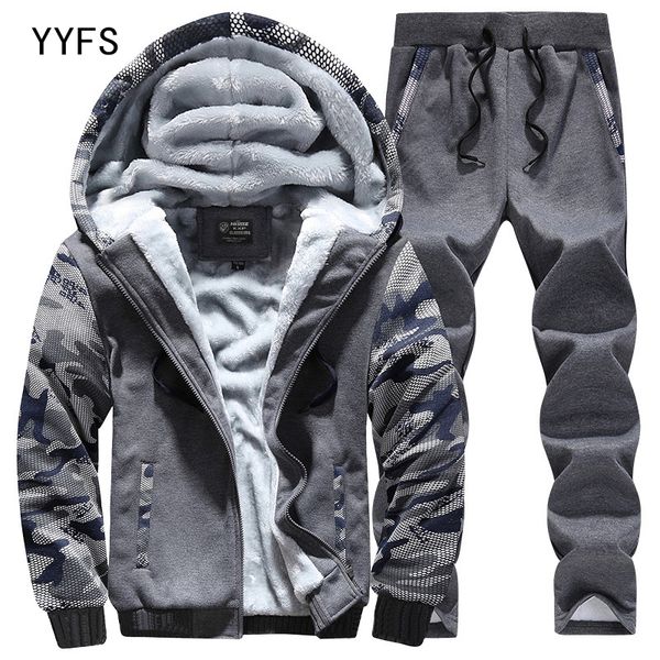 

plus velvet men tracksuit winter sportswear hooded zipper jacket + long trousers two-piece casual camou men sets tide conjuntos, Gray