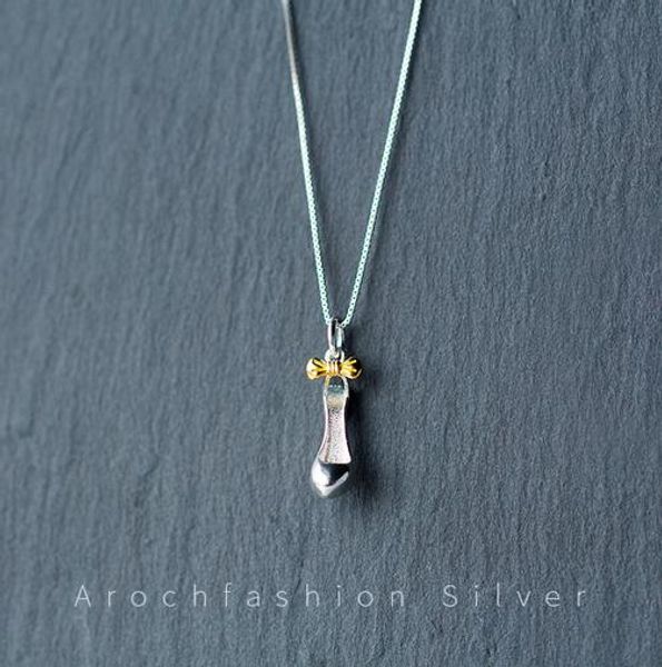

1pc real. 925 sterling silver jewelry cinderella high-heeled shoes pendants necklace with golden bowknot gtlx1022