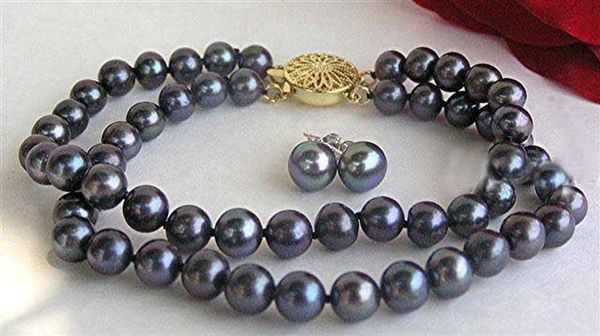 

2row 8-9mm natural black akoya cultured pearl bracelet 7.5" + earrings