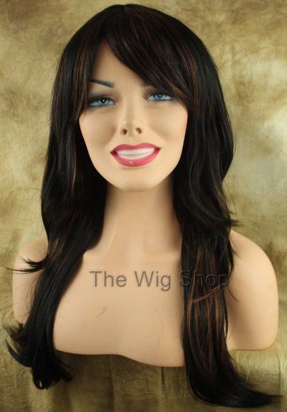 

straight long layers 1b off black highlights auburn 30 wig bangs end flips skin, Black;brown