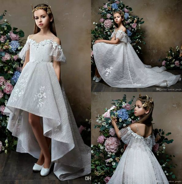 

hi lo flower girls dresses 2019 off shoulder kids wedding gowns lace first communion dress for little girls handmade flowers birthday dress, White;blue