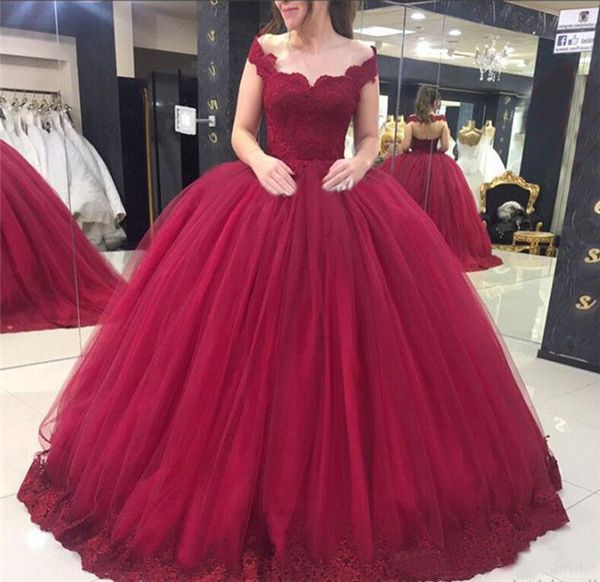 

burgundy prom dresses sweet 16 dresses off shoulder lace applique tulle ball gown quinceanera dress evening pageant wear, Black