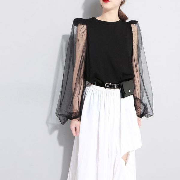 

chens sister] fashion soft gorgeous chiffon transparent loose office lady t shirt long sleeve mesh summer tshirt women, White