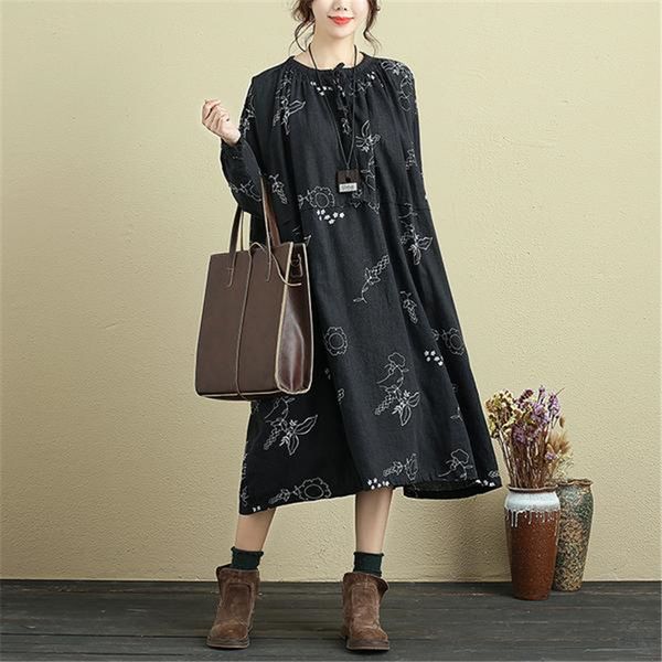 

buykud 2018 women summer printed lacing midi black dress round neck half sleeve loose casual plus size dresses with pockets, White;black