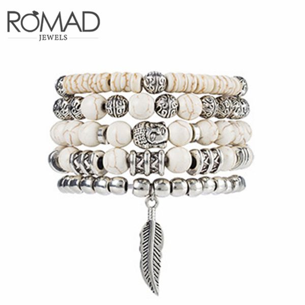 

romad buddha bracelet for men boho jewelry 5pcs/set vintage women beads bracelet multilayer retro party jewelry ethnic r4, Golden;silver