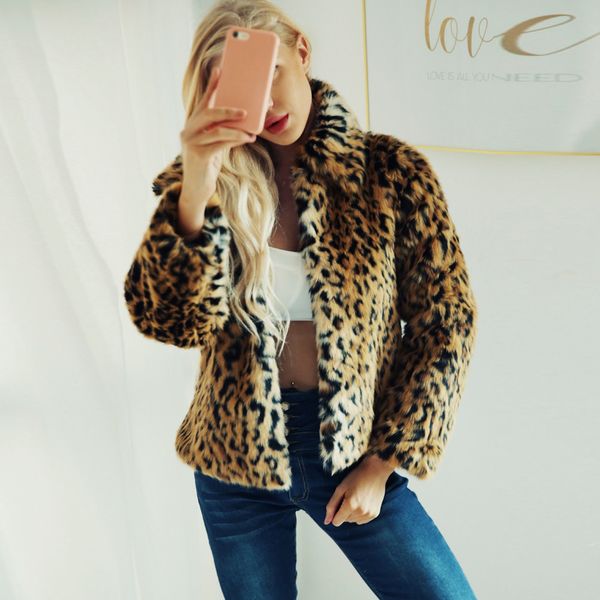 

2018 women faux fur coat leopard printing winter warm ladies fashion cardigan outwear female fluffy fur coats jacket casaco #ve, Black