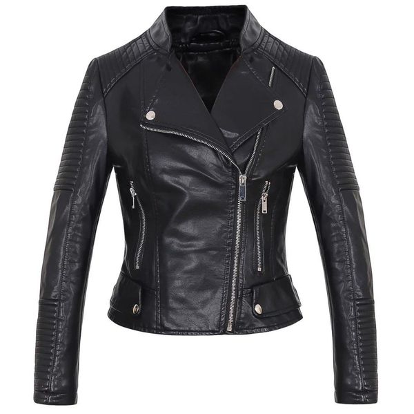

tuhao long sleeve mandarin collar female pu leathers jacket sheath solid cool biker jackets fashion streetwear ladies t2637, Black