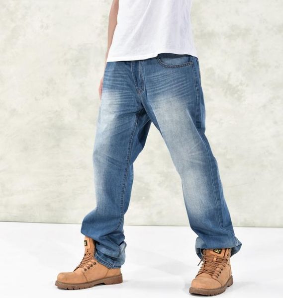 

fashion men's jeans baggy men denim long trousers autumn winter skateboard hip hop man loose jeans bottoms cotton hiphop pants, Blue