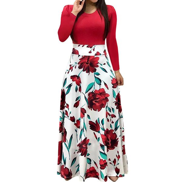

autumn fashion women elegant long party dress red vintage boho casual dress female long sleeve floral maxi, White;black
