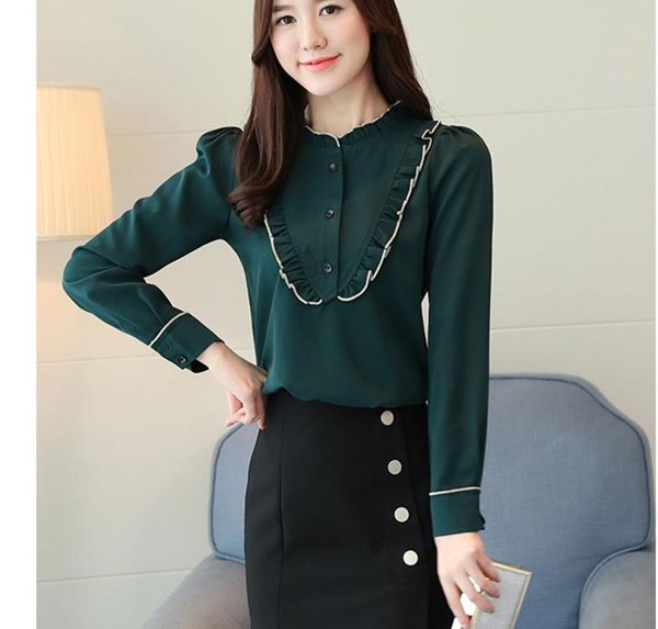 

2018 spring and autumn new style women's korean stand collar long sleeved chiffon shirt loose and comfortable shirt@01, White