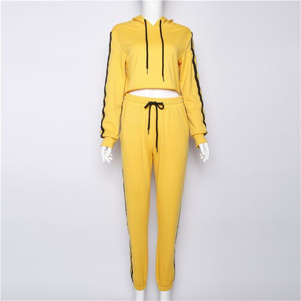 

Hooded Women Long Sleeve Tracksuit Female Yellow Striped Two Piece Set Suits Autumn Winter Hoodie Cropped Tops And Pants
