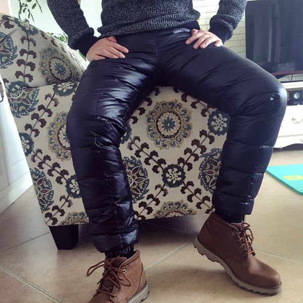 

winter male white duck down loose pants men streetwear thicken thermal trousers high waist warm baggy pants plus size a91007, Black