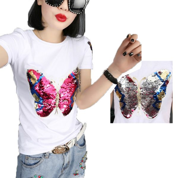 

chic reversible sequins buerfly beads short-sleeved discoloration sequin t-shirt magical color change sequins o-neck tees, White