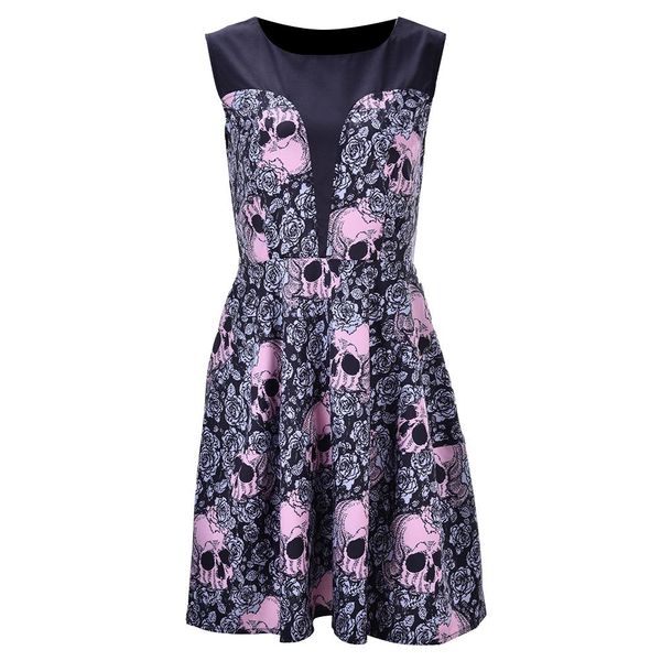 

retro vintage women skull rose print party mini dress 2018 o neck rockabilly pin up swing 50s 60's hepburn dresses plus size 4xl, White;black