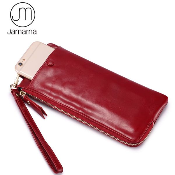 

jamarna brand women wallets genuine leather oil wax long clutch wallet female coin purse card holder phone wallet for women red, Red;black