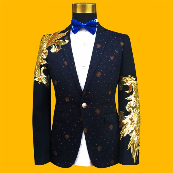 

2017 Мода Золотые и синие вышитые мужские костюмы Paillette Мужские певцы Slim Performance Party Pr