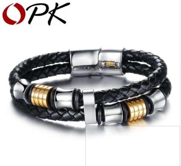

opk classical double layer handmade leather weaved man bracelets fashion new magnet clasp good steel wristband, ph887, Golden;silver