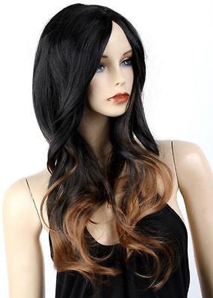 Korean Wigs Women Long Black Mixed Brown Ombre Wigs