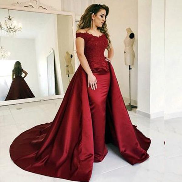 

2019 charming burgundy evening dresses off the shoulder lace appliques sheath a line prom party gowns detachable skirt sweep train, Black;red
