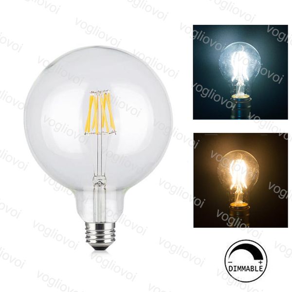 

dimmable g125 4w 6w 8w 110v 220v led filament bulb light glass clear e27 360 degree led lamp for indoor dhl