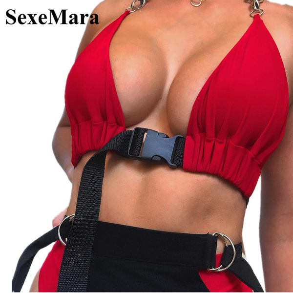 

sexemara buckle lace up halter crop women streetwear black red white spaghetti strap tank club bralette d83-h23