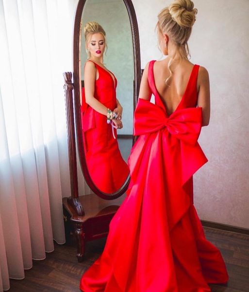 

backless deep v neck mermaid prom dresses with bow in red satin evening dress vestidos de fiesta, Black;red