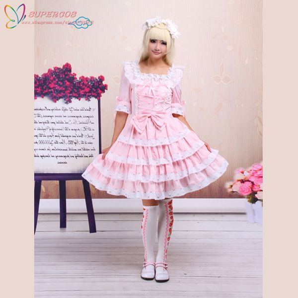 

new arrivals cotton pink lace front ties detachable sleeves sweet lolita dress, Black;red