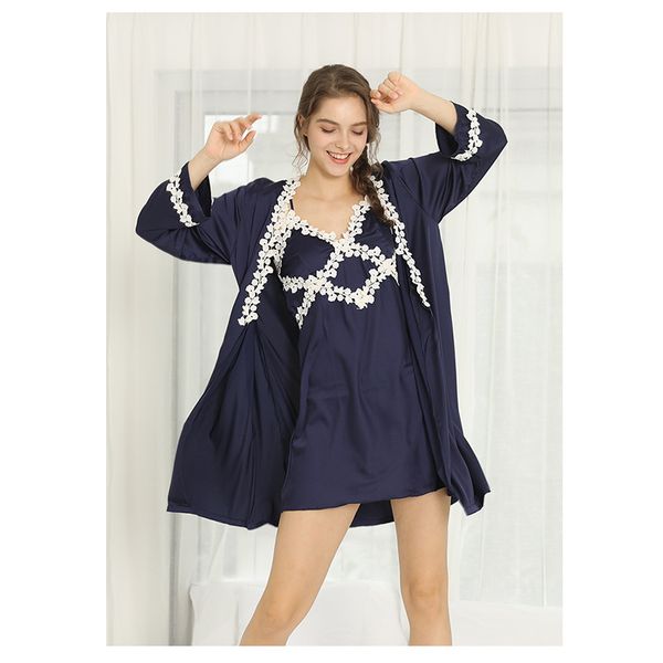 

simulated silk pyjamas ladies hanging robe two-piece set, Black;red