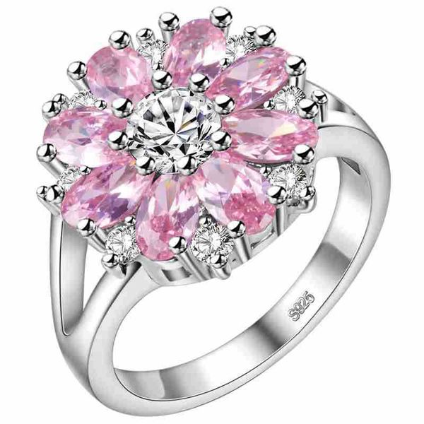 

whole salehainon luxury silver color rings jewelry pink red zirconia crystal setting fashion ladies engagement party big sun flower rings, Golden;silver