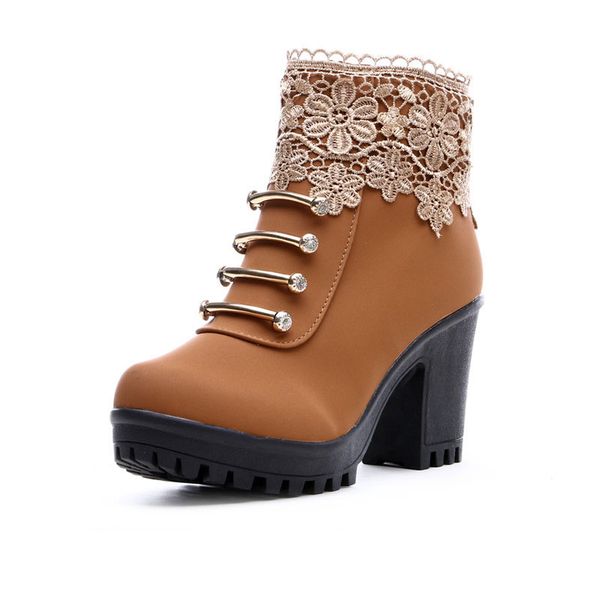 

fall fashion women boots pu leather round toe ankle boots lace ladies 7cm high heels 2cm platform shoes woman zip, Black