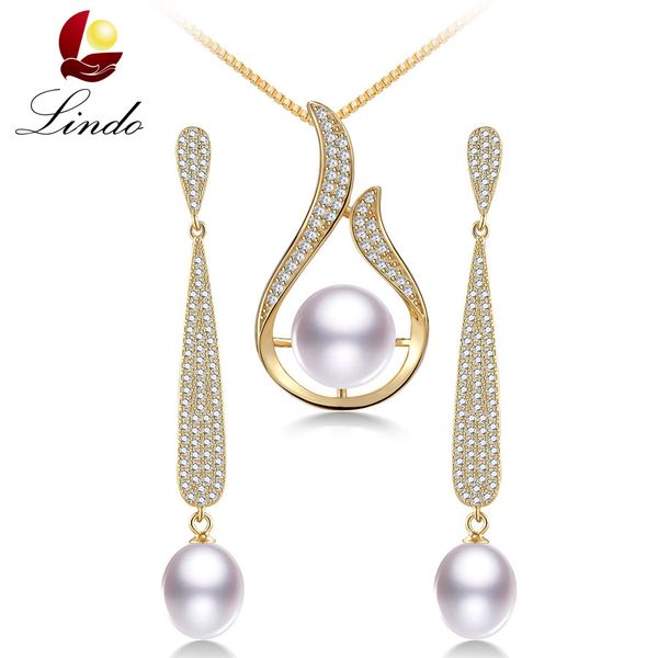 

women wedding solid silver jewelry sets 5a high luster natural freshwater pearl necklace+long earrings gold color jewelry lindo, Black