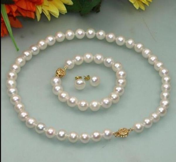 

set of 9-10mm south sea white pearl necklace bracelet 7.5-8"18inch earring, Black